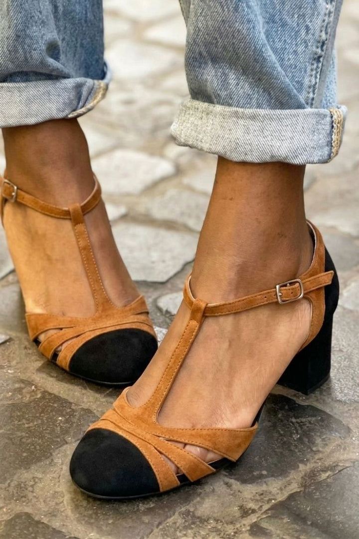 Xenia | Chunky Cut-Out Buckle T-Strap Heels