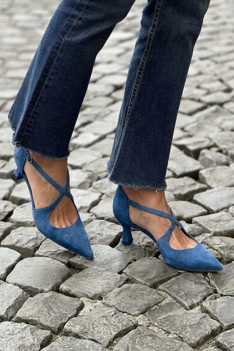 Irene | Low Pointed-Toe Solid Buckle Crossover Strap Heels