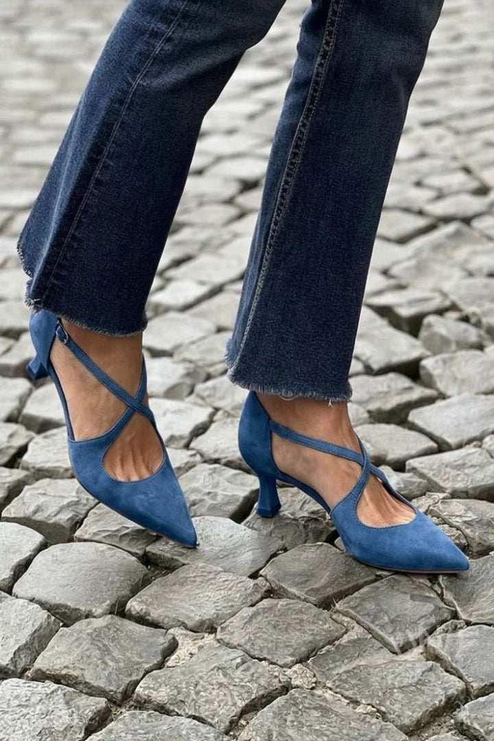 Irene | Low Pointed-Toe Solid Buckle Crossover Strap Heels