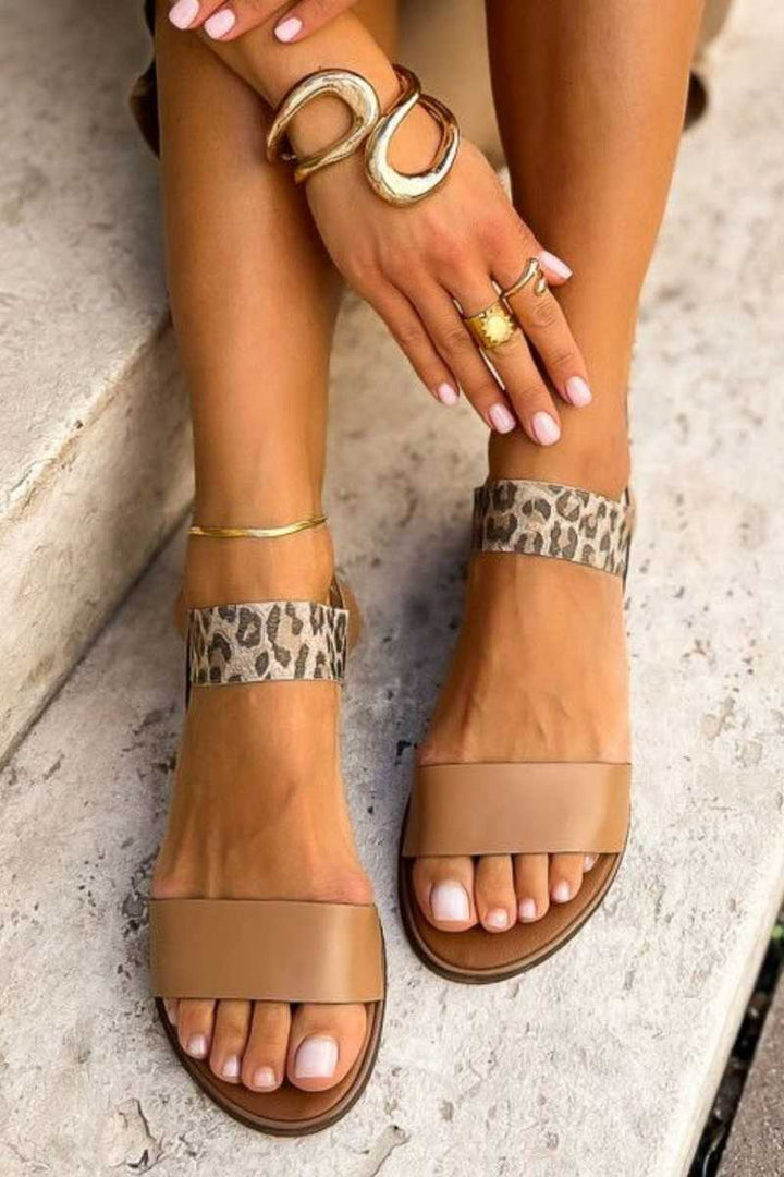 Rosamund – Leopard-Print Flat Vegan Leather Elastic Band Sandals