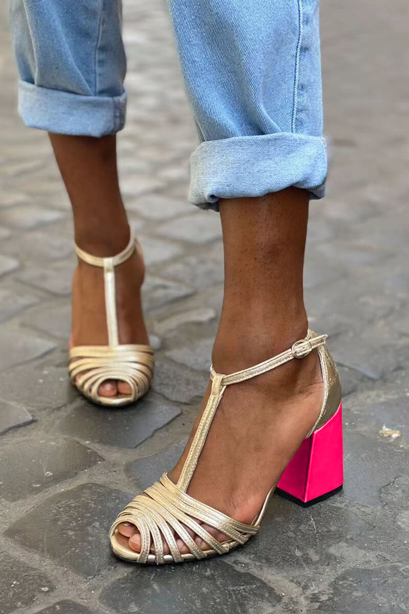 Monica | Chunky Peep-Toe Buckle T-Strap Strappy Heels