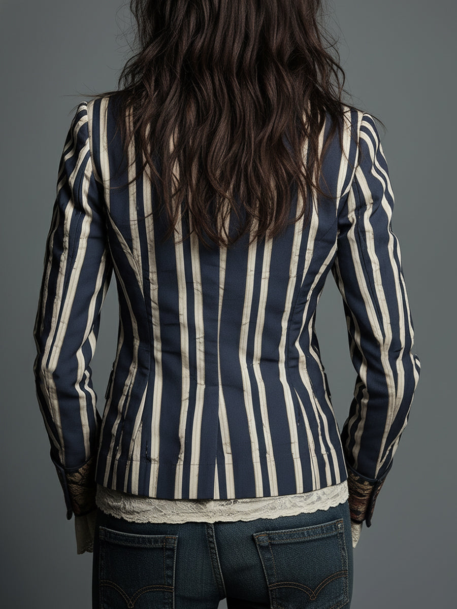 Women's Boho Floral Print Striped Blazer