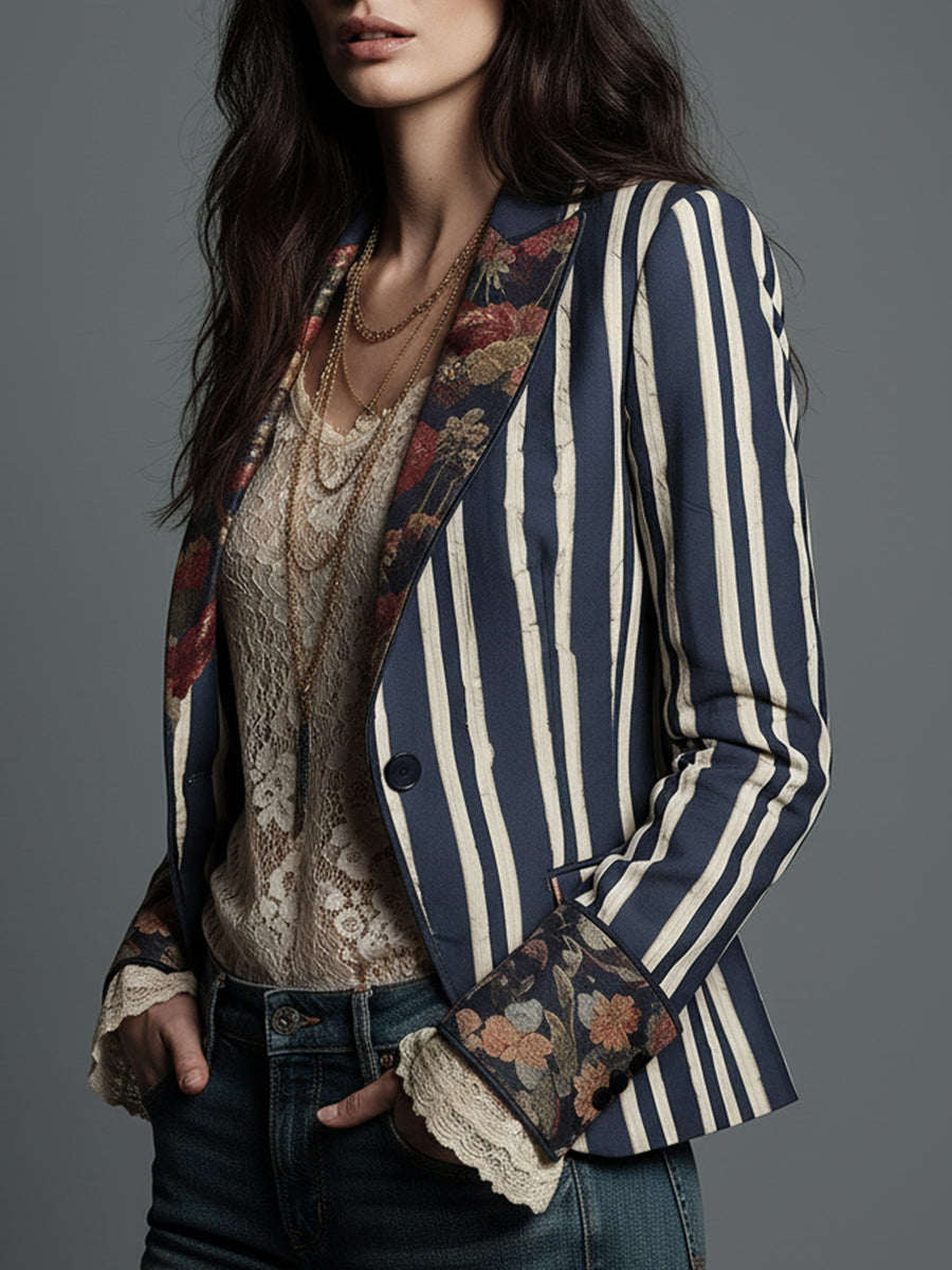 Women's Boho Floral Striped Blazer