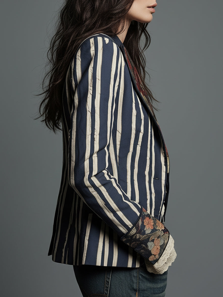 Women's Boho Floral Print Striped Blazer