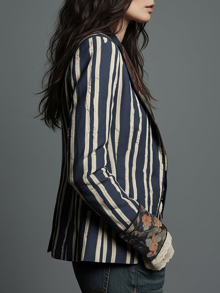 Women's Boho Floral Print Striped Blazer