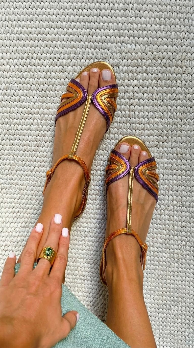 Perpetua – Peep-Toe Metallic T-Strap Sandals