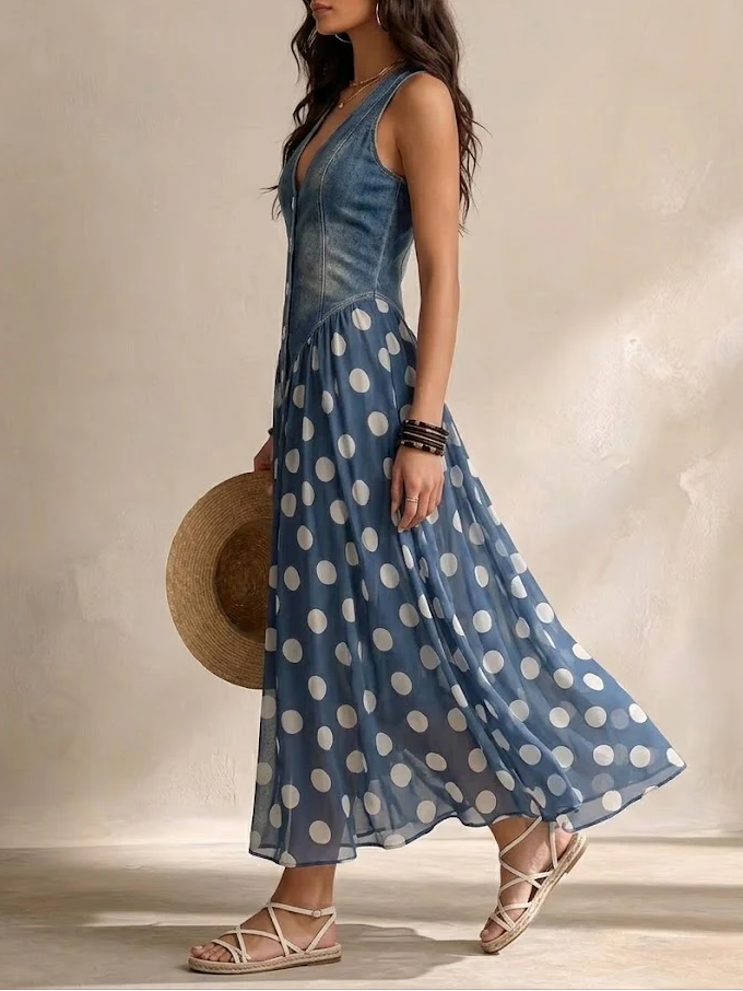 Jasmin - Denim Dress With Polka Dot Chiffon Skirt