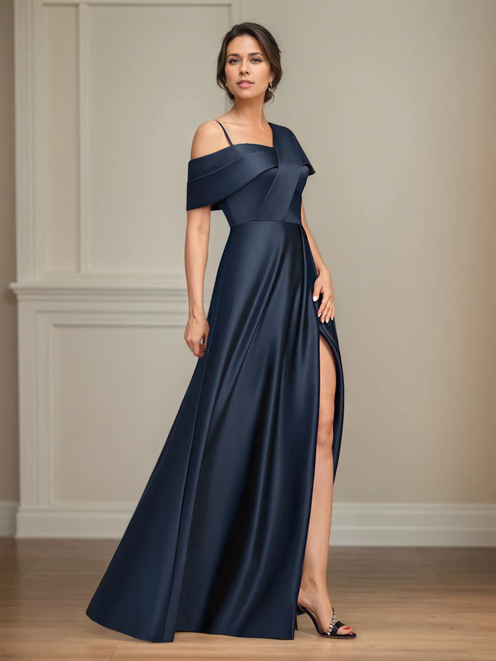 Asymmetrical A-Line Floor-Length Satin Mother of the Bride Dress with Pleats