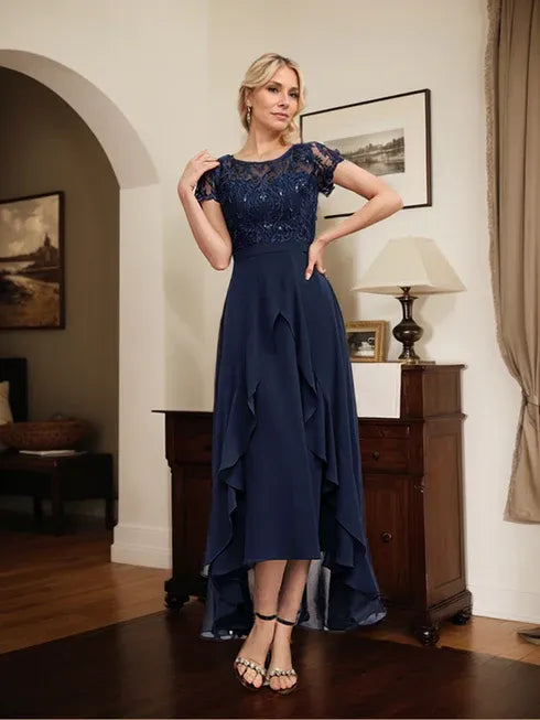 A-Line Scoop Neck Illusion Asymmetrical Chiffon Lace Mother of the Bride Dress with Bow, Ruffle, and Sequins