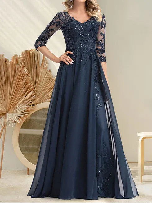 A-Line V-Neck Floor-Length Lace Chiffon Mother of the Bride Dress with Sequins