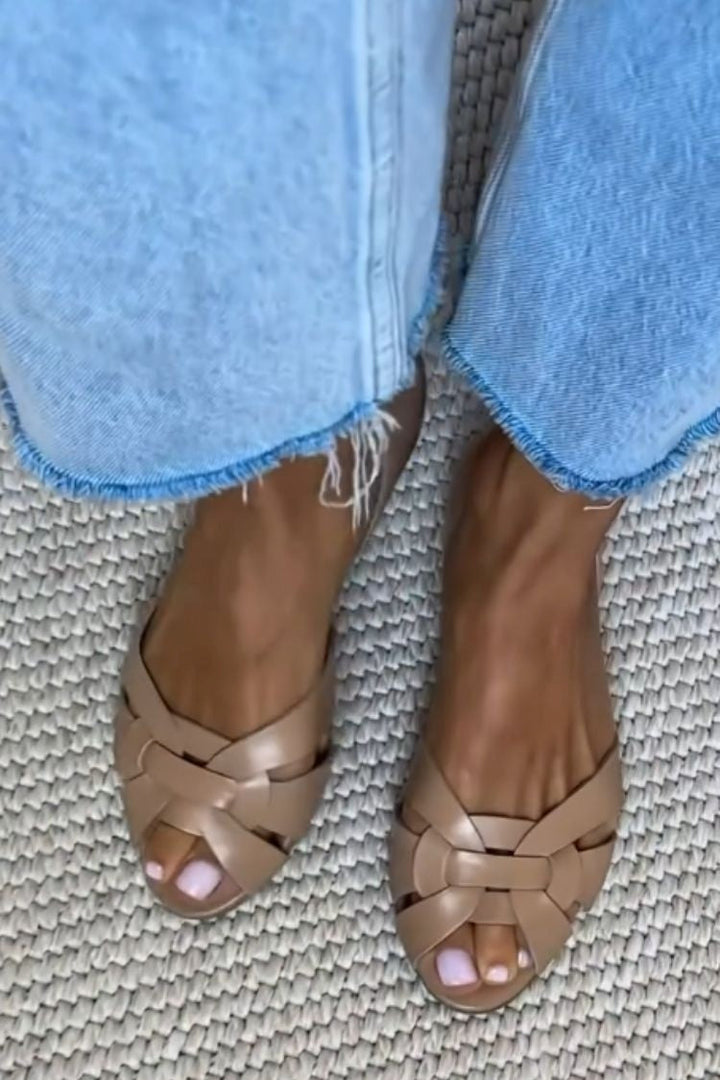 Cardelia | Peep-Toe Woven Vegan Leather Crossover Strap Flats