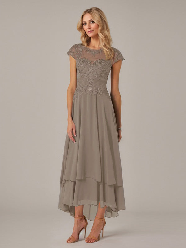 A-Line Boat Neck Illusion Asymmetrical Chiffon Lace Mother of the Bride Dress with Applique and Pleats