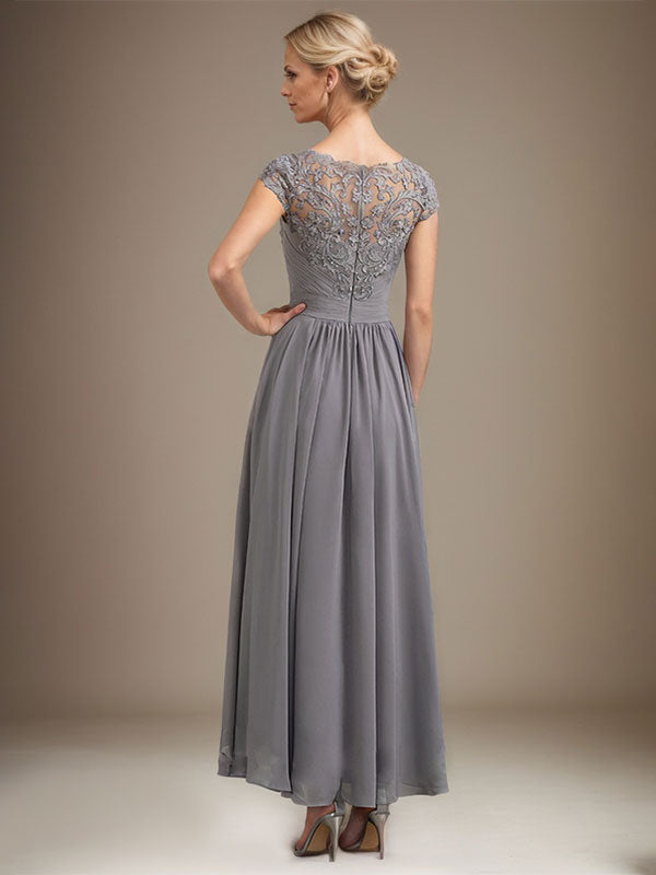 A-Line Scoop Neck Illusion Asymmetrical Lace Chiffon Mother of the Bride Dress with Pleats