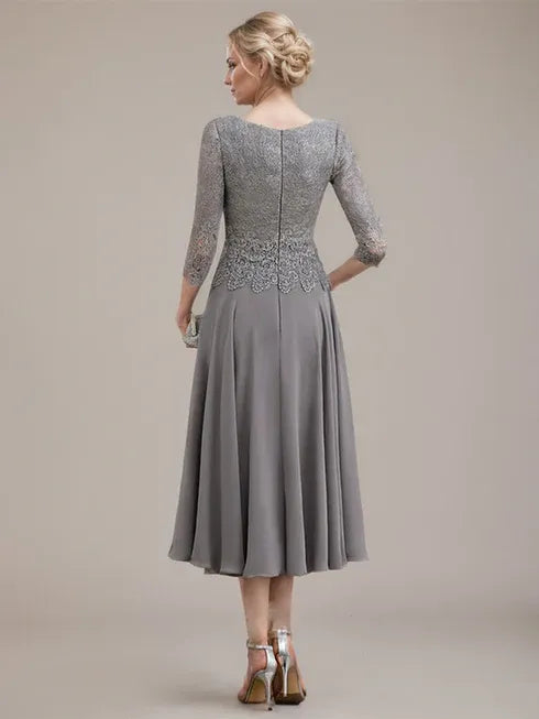 A-Line Scoop Neck Tea-Length Lace Chiffon Mother of the Bride Dress