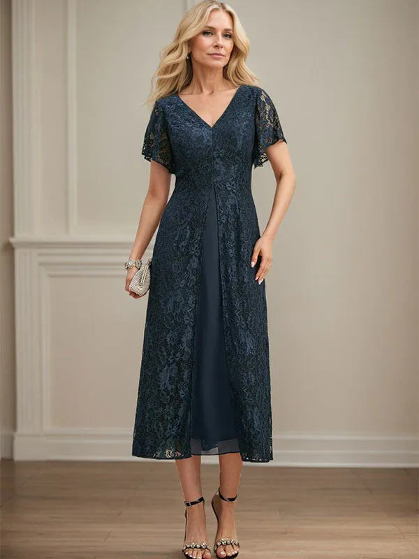 A-Line V-Neck Tea-Length Lace Chiffon Mother of the Bride Dress