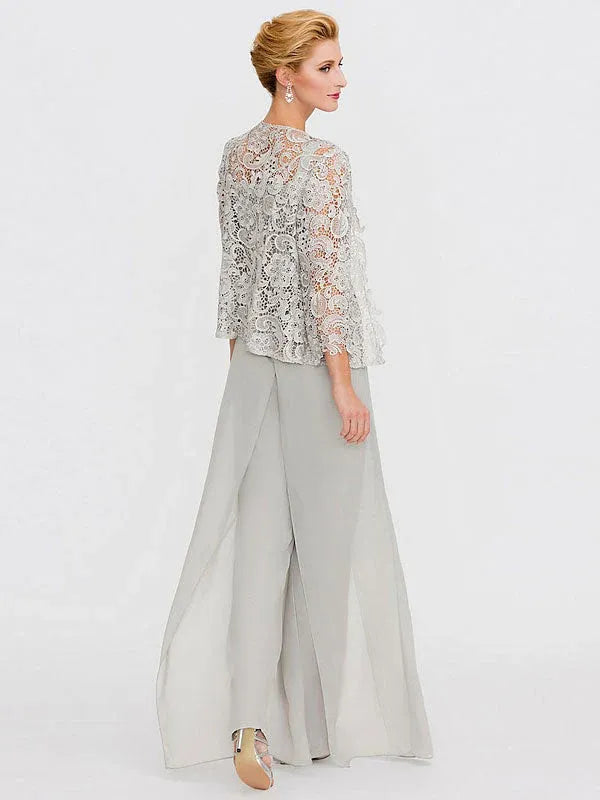 3-Piece Chiffon Square Neck Mother of the Bride Pantsuit Set with Jacket
