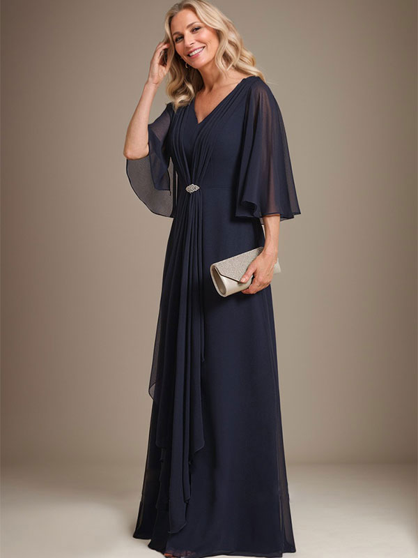A-Line V-Neck Floor-Length Chiffon Mother of the Bride Dress with Cascading Ruffles and Crystal Brooch