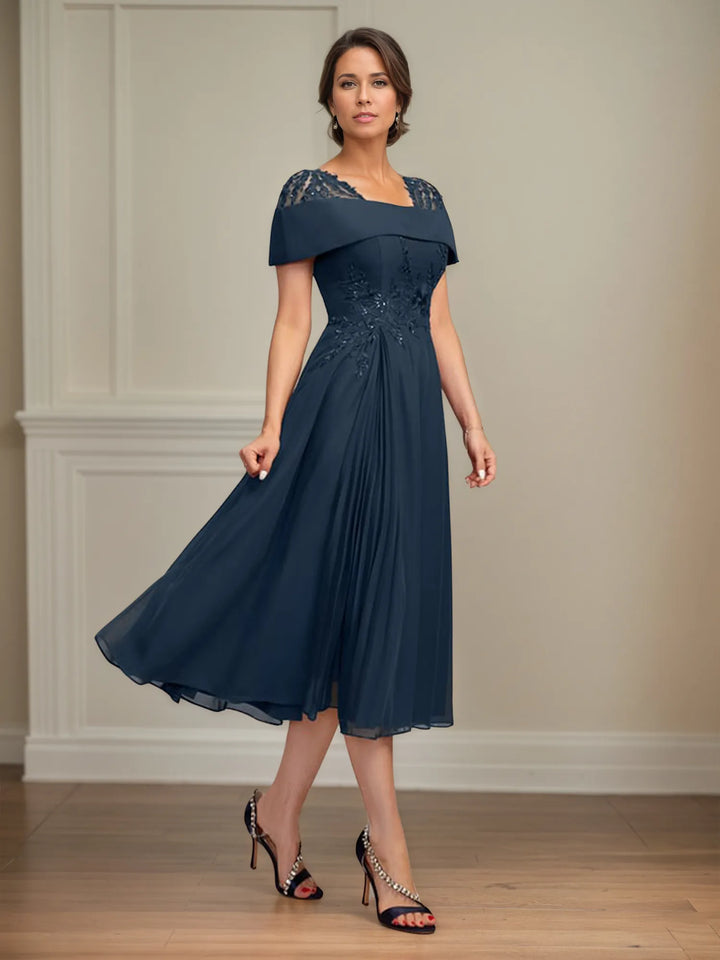 A-Line Square Neck Tea-Length Chiffon Mother of the Bride Dress with Pleated Sequins