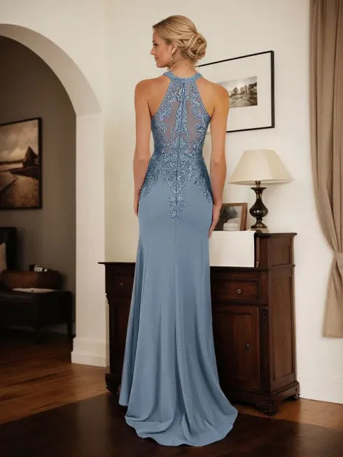 Dusty Blue Sheath Halter Mother of the Bride Dress with Appliqué Details