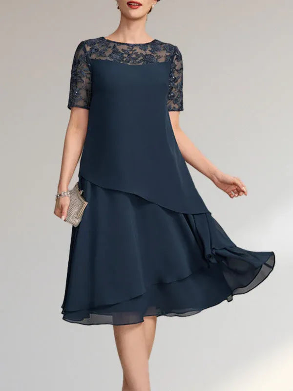 A-Line Scoop Neck Illusion Knee-Length Lace Chiffon Mother of the Bride Dress with Sequins