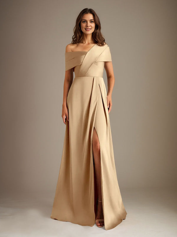 A-Line Satin Mother of the Bride Dress with Asymmetrical Neckline, Floor-Length, and Pleated Design