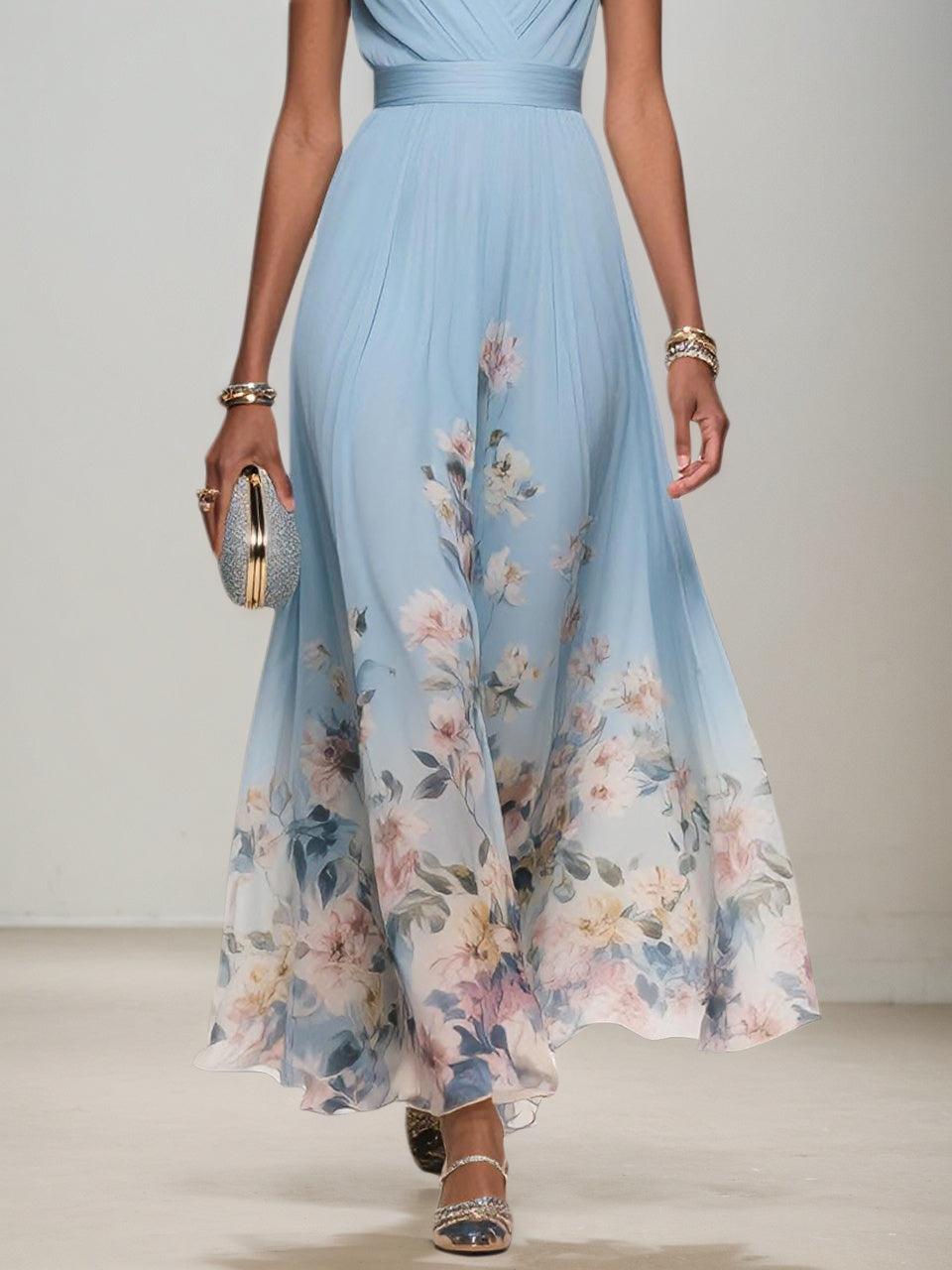 Light Blue Floral Chiffon V-Neck Sleeveless A-Line Maxi Dress