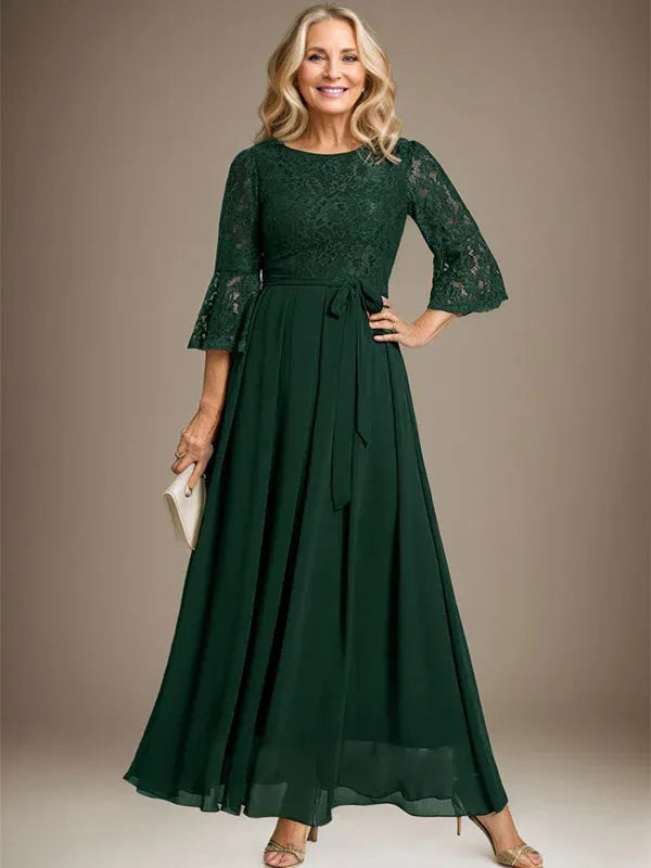 A-Line Scoop Neck Ankle-Length Lace Chiffon Mother of the Bride Dress with Bow