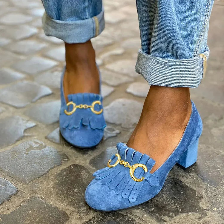 Nadine | Chunky Matte Round-Toe Buckle Fringe Heels