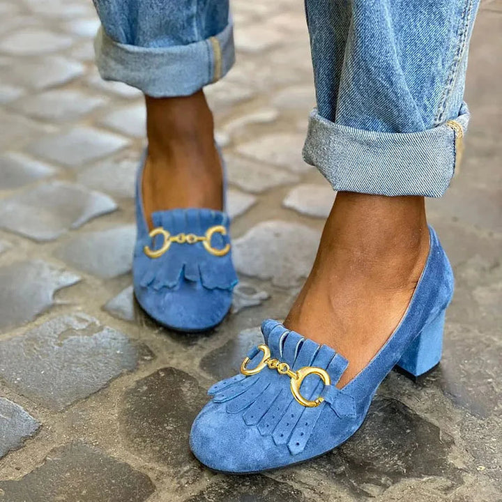 Nadine | Chunky Matte Round-Toe Buckle Fringe Heels