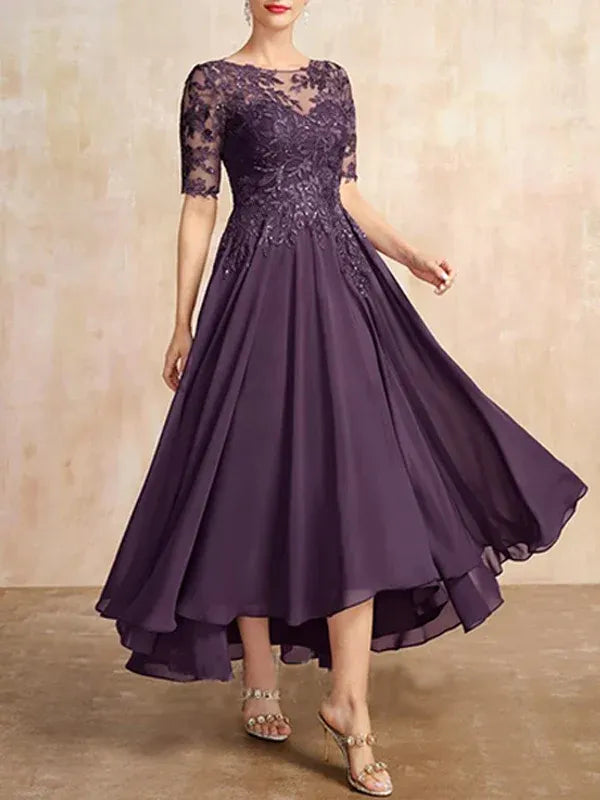 A-Line Scoop Neck Illusion Asymmetrical Chiffon and Lace Mother of the Bride Dress with Sequins