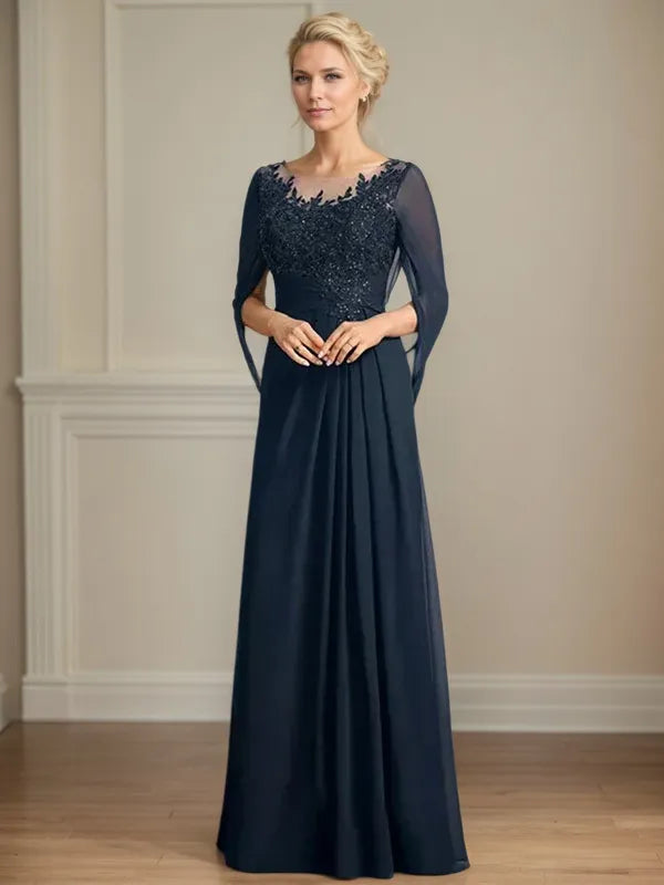 A-Line Scoop 3/4 Sleeve Chiffon Mother of the Bride Dress with Appliqués