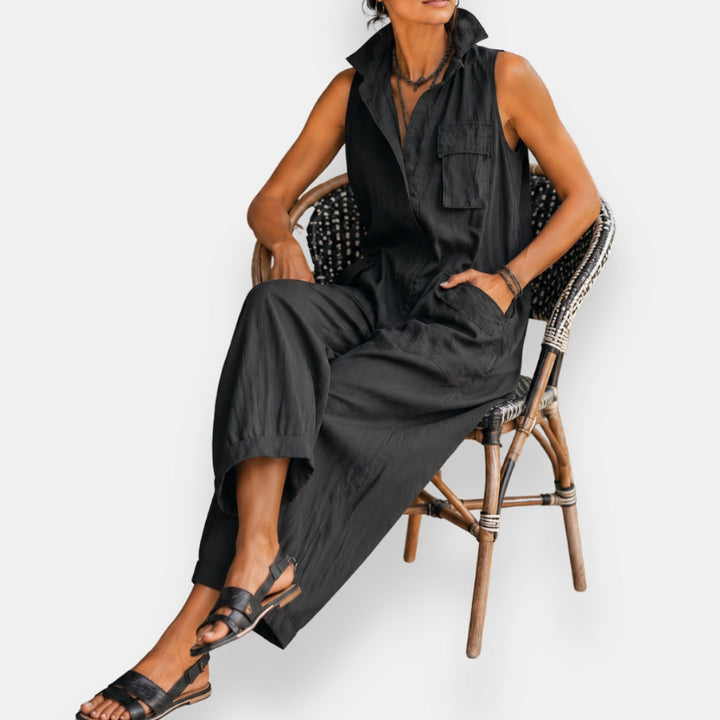 HARLOW | Sleeveless Cargo Jumpsuit with Collar and Flap Pockets