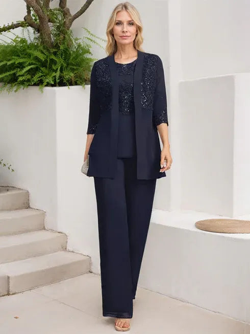 Floor-Length Chiffon Lace Jumpsuit and Pantsuit Separates with Sequins – Perfect Mother of the Bride Dress