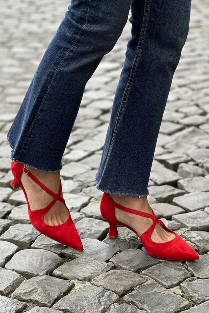 Irene | Low Pointed-Toe Solid Buckle Crossover Strap Heels