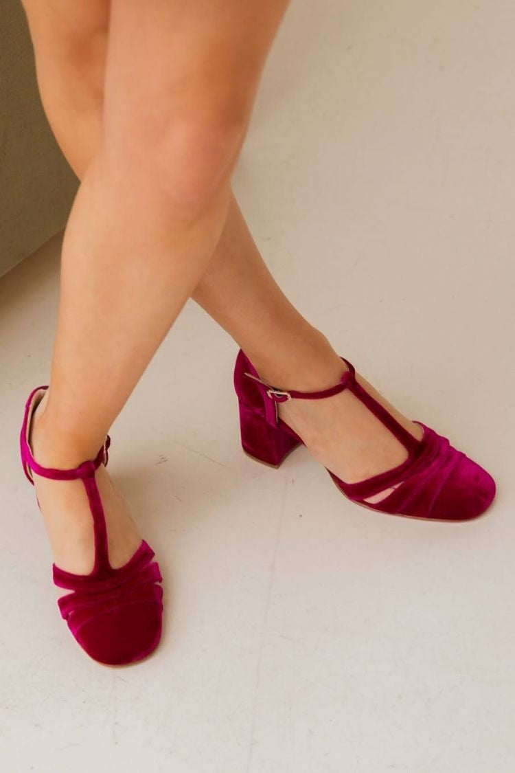 Maureen | Chunky Cut-Out Velvet Buckle T-Strap Heels