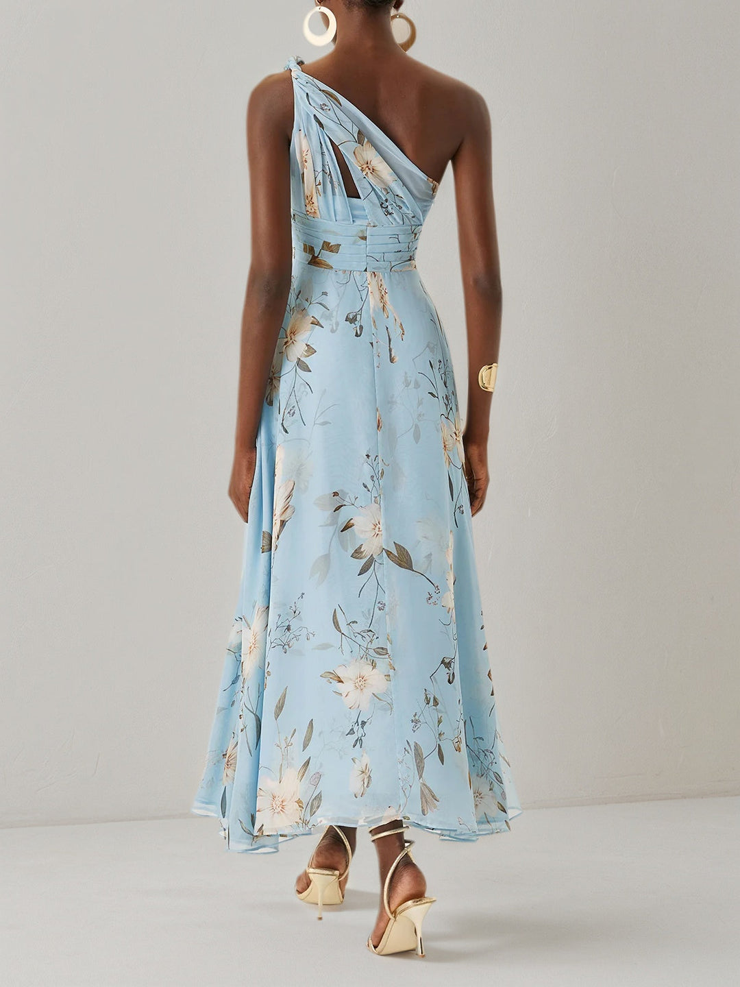 Light Blue Floral Ruched Chiffon One-Shoulder Sleeveless A-Line Maxi Dress