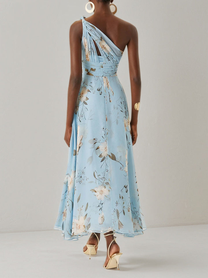 Light Blue Floral Ruched Chiffon One-Shoulder Sleeveless A-Line Maxi Dress