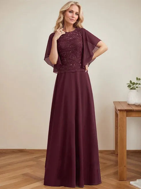 A-Line Scoop Neck Illusion Floor-Length Lace Chiffon Mother of the Bride Dress with Sequins