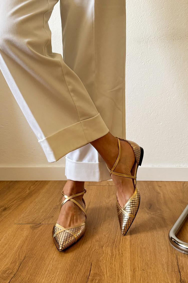 Saskia | Glossy Metallic Pointed-Toe Buckle Crossover Strap Flats