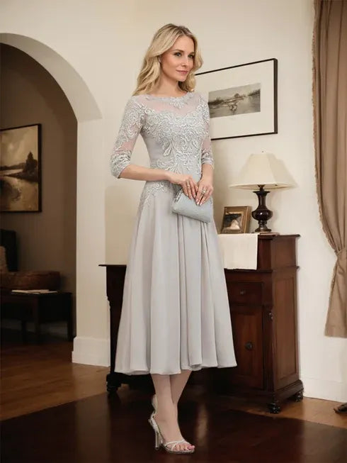 A-Line Scoop Neck Illusion Tea-Length Chiffon and Lace Mother of the Bride Dress with Beading and Sequins