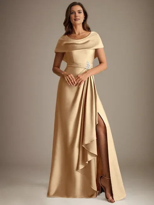 A-Line Scoop Neck Floor-Length Stretch Satin Mother of the Bride Dress with Cascading Ruffles