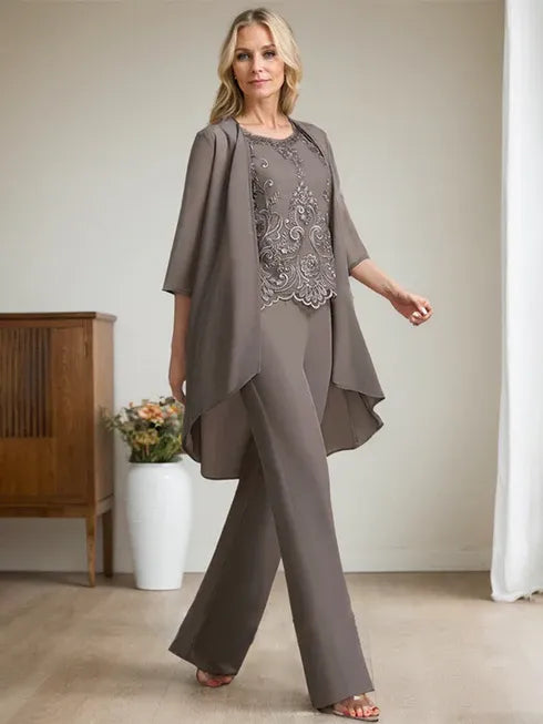 Floor-Length Chiffon Lace Mother of the Bride Jumpsuit/Pantsuit with Scoop Neck, Beading, and Sequins