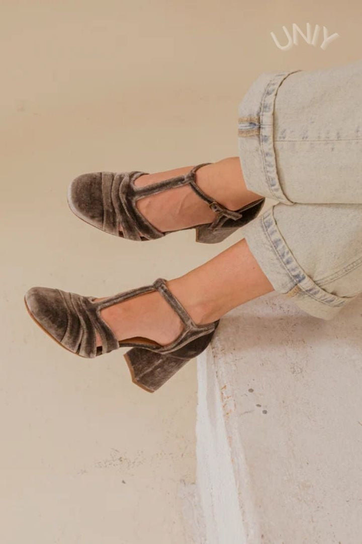 Maureen | Chunky Cut-Out Velvet Buckle T-Strap Heels