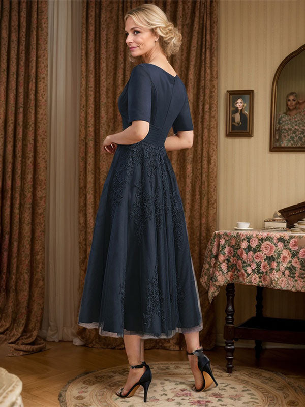 A-Line V-Neck Tea-Length Tulle Lace Mother of the Bride Dress with Pleats