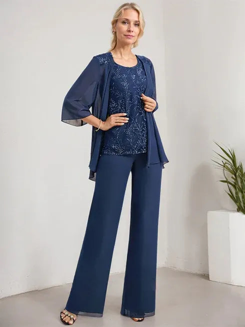 Floor-Length Lace Chiffon Mother of the Bride Jumpsuit/Pantsuit with Scoop Neck and Sequins