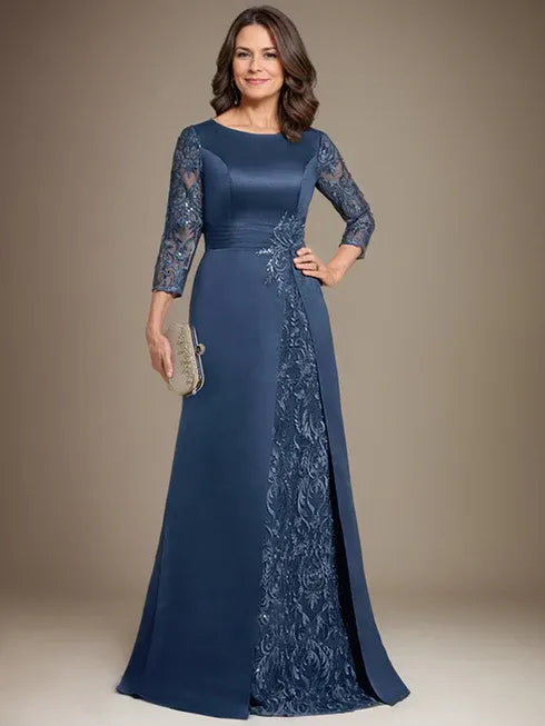 Floor-Length A-Line Lace Satin Mother of the Bride Dress with Scoop Neck and Applique