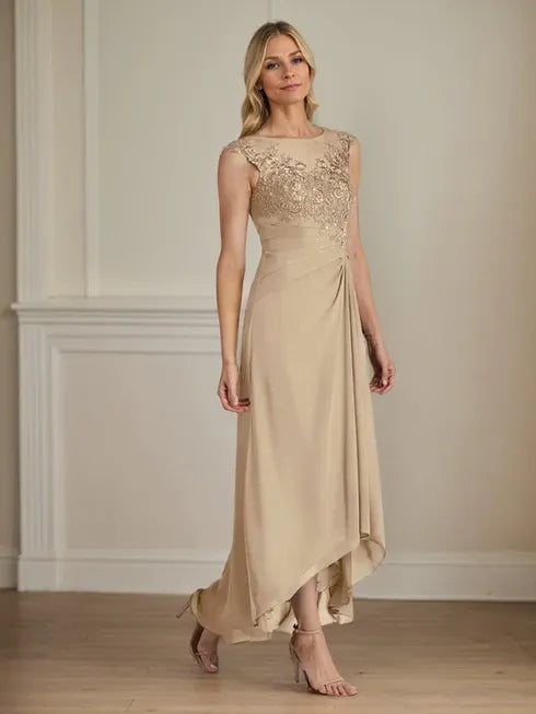 Champagne A-Line Lace and Chiffon Scoop Neck Dress