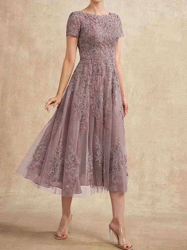 A-Line Scoop Neck Tea-Length Tulle Lace Mother of the Bride Dress