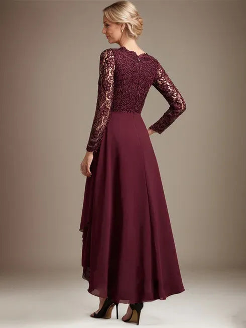 A-Line V-Neck Asymmetrical Lace Chiffon Mother of the Bride Dress