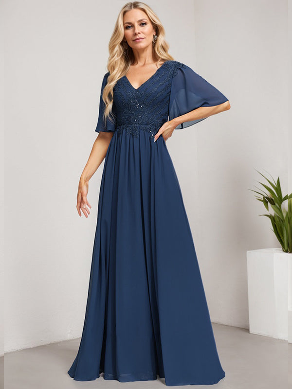 A-Line V-Neck Floor-Length Lace Chiffon Mother of the Bride Dress with Sequins